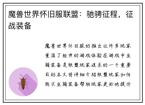 魔兽世界怀旧服联盟：驰骋征程，征战装备